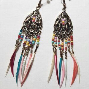 Beaded feather boho earrings colorful NWOT